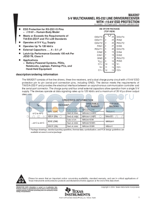 MAX207CDW datasheet - 5-V MUL TICHANNEL RS-232 LINE DRIVER/RECEIVER WITH -15-KV ESD PROTECTION