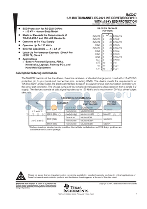 MAX207CDWE4 datasheet - 5-V MUL TICHANNEL RS-232 LINE DRIVER/RECEIVER WITH -15-KV ESD PROTECTION