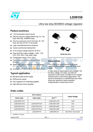 LD39150PU12R datasheet - Ultra low drop BICMOS voltage regulator