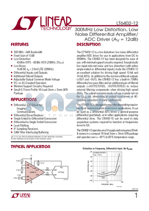 LT6402CUD-12-PBF datasheet - 300MHz Low Distortion, Low Noise Differential Amplifi er/ ADC Driver (AV = 12dB)