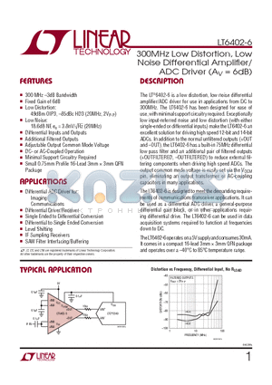 LT6402IUD-6-TR datasheet - 300MHz Low Distortion, Low Noise Differential Amplifi er/ ADC Driver (AV = 6dB)