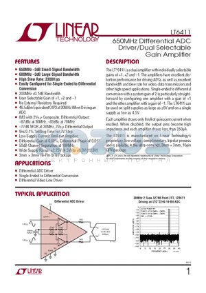 LT6411 datasheet - 650MHz Differential ADC Driver/Dual Selectable Gain Amplifi er