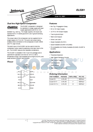 EL5281 datasheet - Dual 8ns High-Speed Comparator