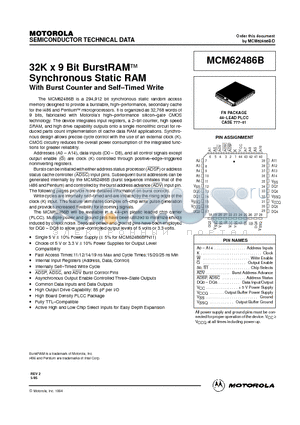 MCM62486BFN19 datasheet - 32K x 9 Bit BurstRAM Synchronous Static RAM