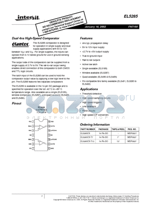 EL5285CS-T13 datasheet - Dual 4ns High-Speed Comparator