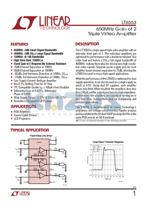 LT6553 datasheet - 650MHz Gain of 2 Triple Video Amplifier