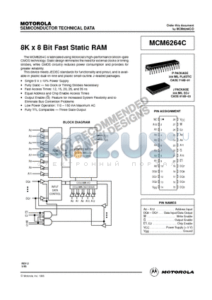 MCM6264CJ15R2 datasheet - 8K x 8 Bit Fast Static RAM