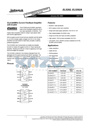 EL5292A datasheet - Dual 600MHz Current Feedback Amplifier with Enable
