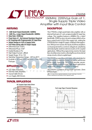 LT6558IGN datasheet - 550MHz, 2200V/ls Gain of 1, Single Supply Triple Video Amplifi er with Input Bias Control