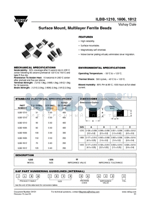 ILBB1210 datasheet - Surface Mount, Multilayer Ferrite Beads