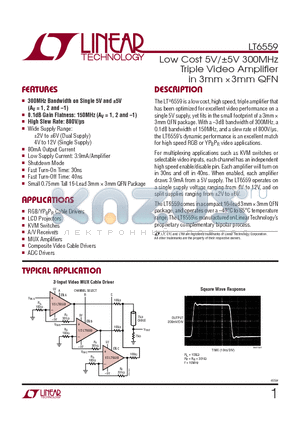 LT6559 datasheet - Low Cost 5V/a5V 300MHz Triple Video Amplifi er in 3mm  3mm QFN