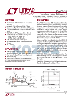 LT6600CS8-15 datasheet - Very Low Noise, Differential Amplifi er and 15MHz Lowpass Filter