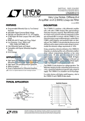 LT6600CS8-2.5 datasheet - Very Low Noise, Differential Amplifier and 2.5MHz Lowpass Filter