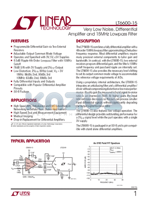 LT6600CS8-15-TR datasheet - Very Low Noise, Differential Amplifi er and 15MHz Lowpass Filter