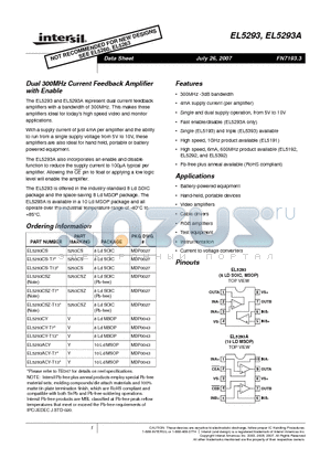 EL5293 datasheet - Dual 300MHz Current Feedback Amplifier with Enable