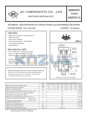 MMB251 datasheet - TECHNICAL SPECIFICATIONS OF SINGLE-PHASE SILICON BRIDGE RECTIFIER VOLTAGE RANGE - 50 to 1000 Volts