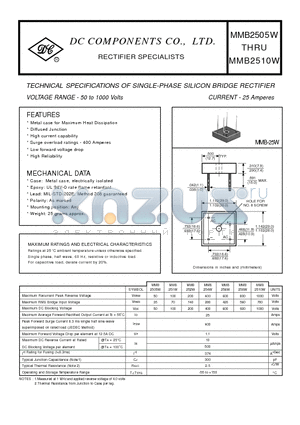 MMB2510W datasheet - TECHNICAL SPECIFICATIONS OF SINGLE-PHASE SILICON BRIDGE RECTIFIER VOLTAGE RANGE - 50 to 1000 Volts
