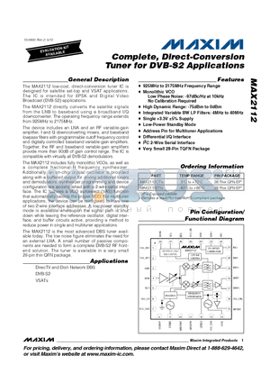 MAX2112CTI+ datasheet - Complete, Direct-Conversion Tuner for DVB-S2 Applications