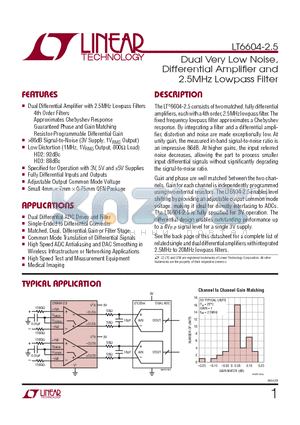 LT6604CUFF-2.5-PBF datasheet - Dual Very Low Noise, Differential Amplifi er and 2.5MHz Lowpass Filter