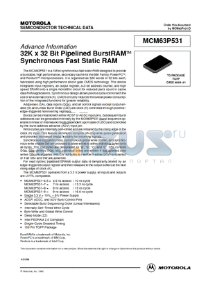 MCM63P531TQ7 datasheet - 32K x 32 Bit Pipelined BurstRAM Synchronous Fast Static RAM