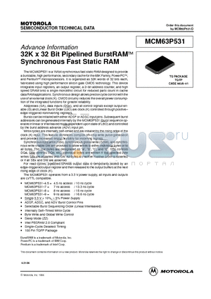 MCM63P531TQ8R datasheet - 32K x 32 Bit Pipelined BurstRAM Synchronous Fast Static RAM