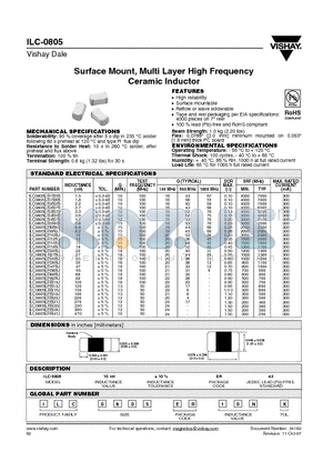 ILC0805ER1N8S datasheet - Surface Mount, Multi Layer High Frequency Ceramic Inductor