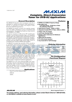 MAX2112CTI+ datasheet - Complete, Direct-Conversion Tuner for DVB-S2 Applications