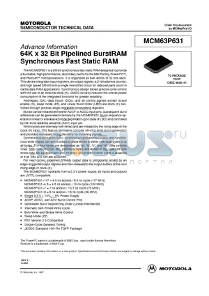 MCM63P631TQ4.5R datasheet - 64K x 32 Bit Pipelined BurstRAM Synchronous Fast Static RAM