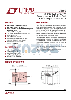 LT6650HS5 datasheet - Micropower, 400mV Reference with Rail-to-Rail Buffer Amplifier in SOT-23