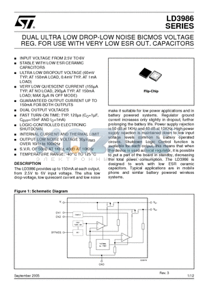 LD3986 datasheet - DUAL ULTRA LOW DROP-LOW NOISE BICMOS VOLTAGE REG. FOR USE WITH VERY LOW ESR OUT. CAPACITORS