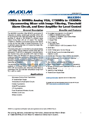 MAX2091ETP+ datasheet - 50MHz to 500MHz Analog VGA, 1735MHz to 1935MHz Upconverting Mixer with Image Filtering, Threshold Alarm Circuit, and Error Amplifier for Level Control