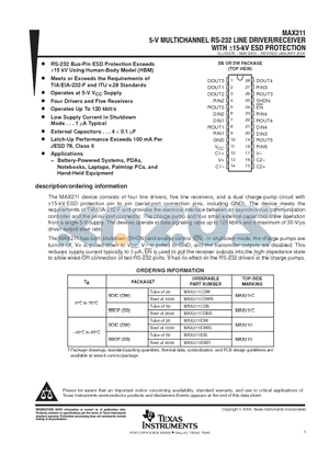 MAX211CDBRE4 datasheet - 5-V MULTICHANNEL RS-232 LINE DRIVER/RECEVER