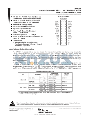 MAX211CDWR datasheet - 5-V MULTICHANNEL RS-232 LINE DRIVER / RECEIVER WITH -15-KV ESD PROTECTION