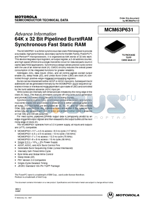 MCM63P631TQ8 datasheet - 64K x 32 Bit Pipelined BurstRAM Synchronous Fast Static RAM