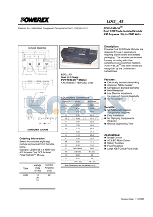 LD421843 datasheet - POW-R-BLOK Dual SCR/Diode Isolated Module (430 Amperes / Up to 2200 Volts)