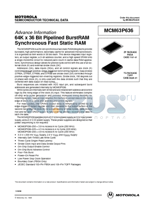 MCM63P636ZP225R datasheet - 64K x 36 Bit Pipelined BurstRAM Synchronous Fast Static RAM