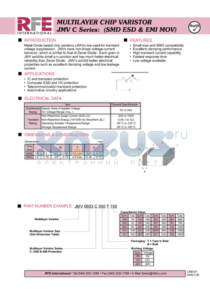 JMV0603C120T101 datasheet - MULTILAYER CHIP VARISTOR JMV C Series: (SMD ESD & EMI MOV)