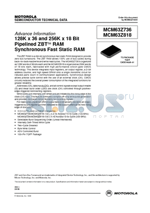 MCM63Z736 datasheet - 128K x 36 and 256K x 18 Bit Pipelined ZBT RAM Synchronous Fast Static RAM