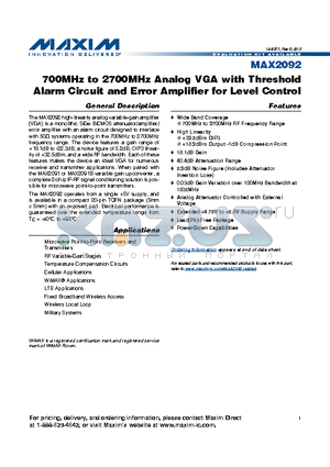 MAX2092ETP+ datasheet - 700MHz to 2700MHz Analog VGA with Threshold Alarm Circuit and Error Amplifier for Level Control