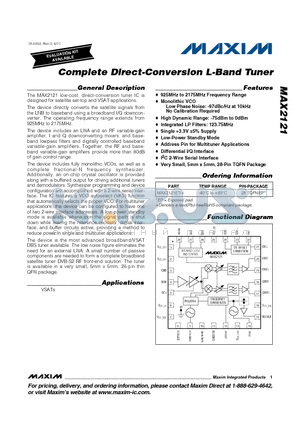 MAX2121 datasheet - Complete Direct-Conversion L-Band Tuner 925MHz to 2175MHz Frequency Range