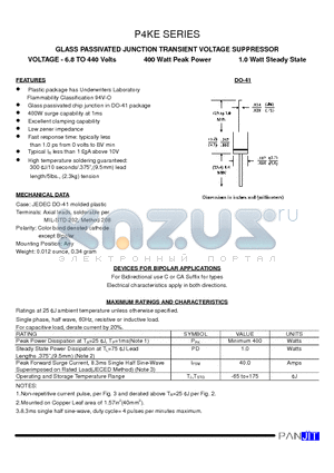 P4KE250CA datasheet - GLASS PASSIVATED JUNCTION TRANSIENT VOLTAGE SUPPRESSOR(VOLTAGE - 6.8 TO 440 Volts 400 Watt Peak Power 1.0 Watt Steady State)