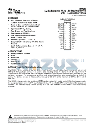 MAX213CDW datasheet - 5-V MULTICHANNEL RS-232 LINE DRIVER/RECEIVER WITH a15-kV ESD PROTECTION