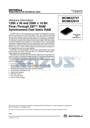 MCM63Z819TQ15 datasheet - 128K x 36 and 256K x 18 Bit Flow-Through ZBT RAM Synchronous Fast Static RAM