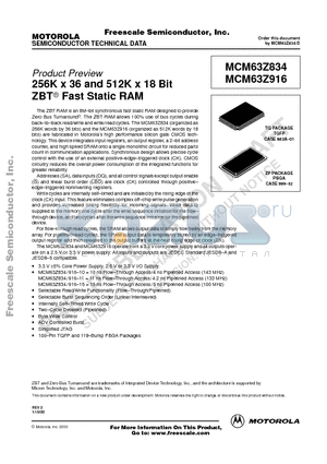 MCM63Z834 datasheet - 256K x 36 and 512K x 18 Bit ZBT Fast Static RAM