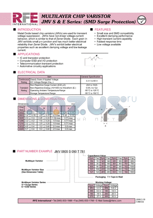 JMV0805S120T431 datasheet - MULTILAYER CHIP VARISTOR JMV S & E Series: (SMD Surge Protection)