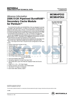 MCM64PD32 datasheet - 256K/512K Pipelined BurstRAM Secondary Cache Module for Pentium