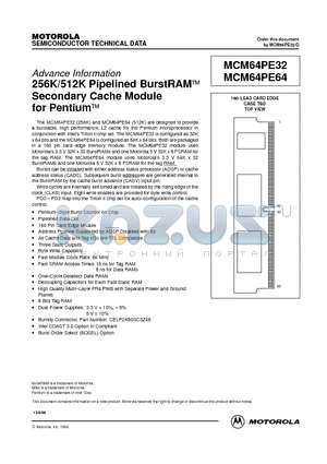 MCM64PE32SDG66 datasheet - 256K/512K Pipelined BurstRAM Secondary Cache Module for Pentium