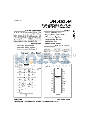 MAX214CWI datasheet - Programmable DTE/DCE, 5V RS-232 Transceiver