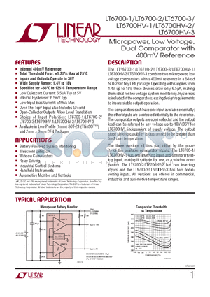 LT6700-3 datasheet - Micropower, Low Voltage, Dual Comparator with 400mV Reference