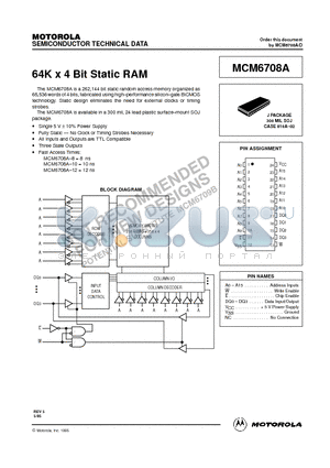 MCM6708A datasheet - 64K x 4 Bit Static RAM